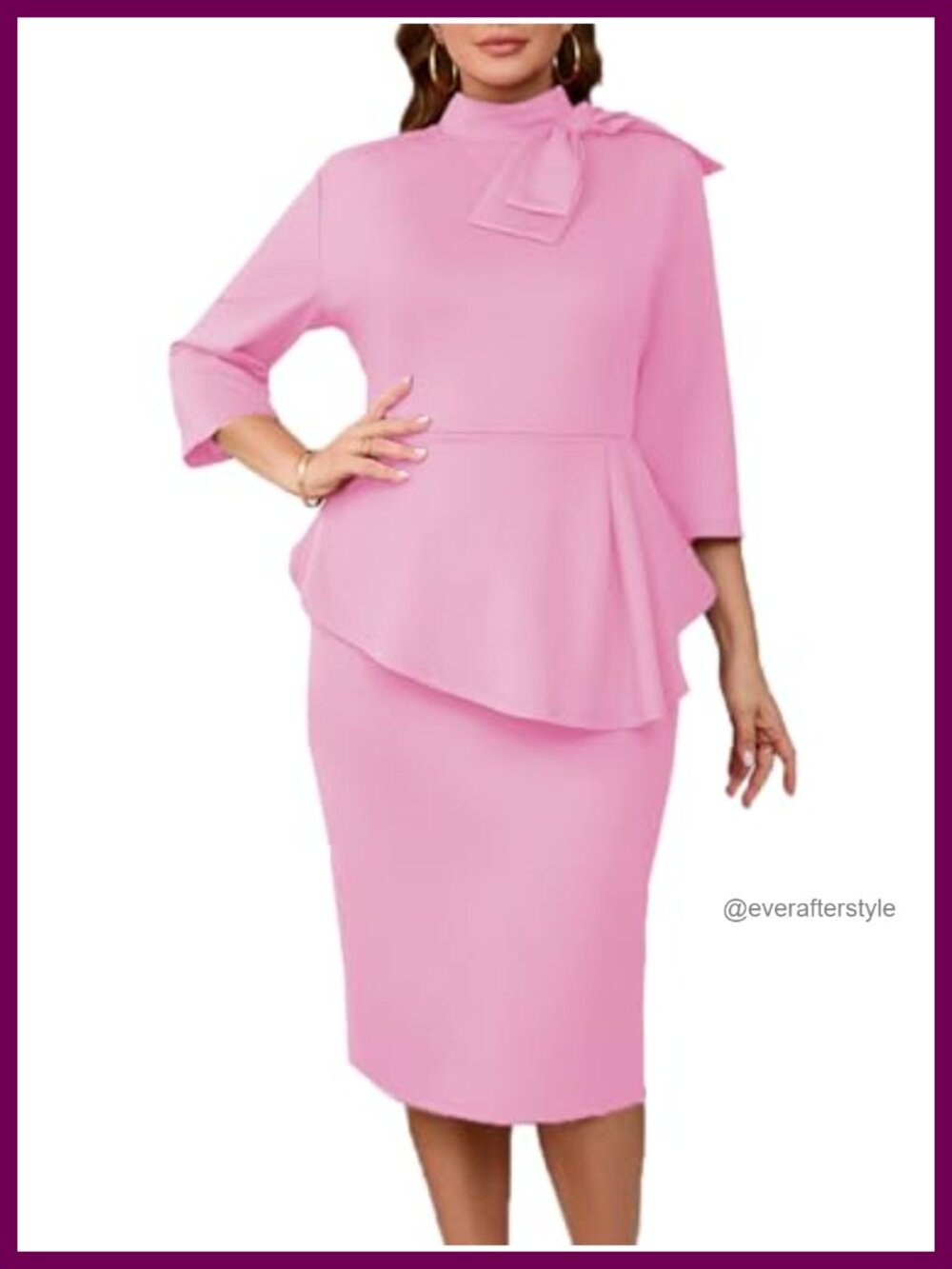 Plus Size Bodycon Midi Dress 3/4 Sleeve Ruffle Work Cocktail